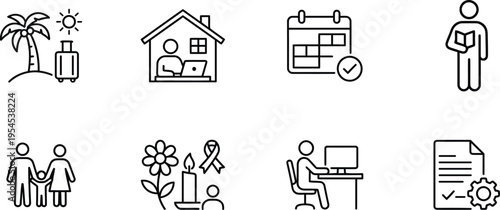 A collection of simple line icons representing various aspects of life and work