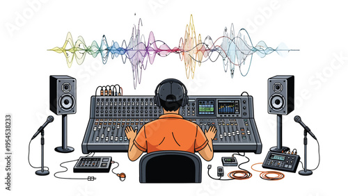 Sound Engineer at Work: A sound engineer immersed in the world of audio, expertly manipulating the mixing console, surrounded by the tools of their trade, capturing the essence of sound waves.