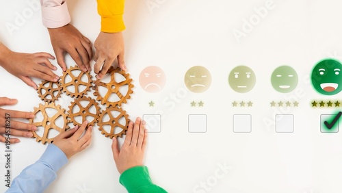 Photos Hands come together to manipulate gears, symbolizing teamwork and feedback