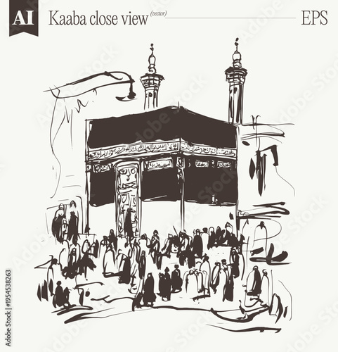 Kaaba Mecca Pilgrims Close View Sketch Vector Art