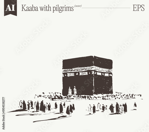 Kaaba Side View Pilgrims Sketch Illustration Vector