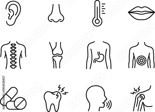 A collection of black line illustrations depicting various human body parts and health related icons