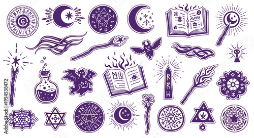 Set of mystical and magical symbols for witchcraft and occult design elements