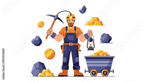 Mining Pioneer: A sturdy miner, equipped with a pickaxe and lantern, stands proudly amid gold, precious stones, and a minecart, representing the pursuit of wealth and the essence of industry.
