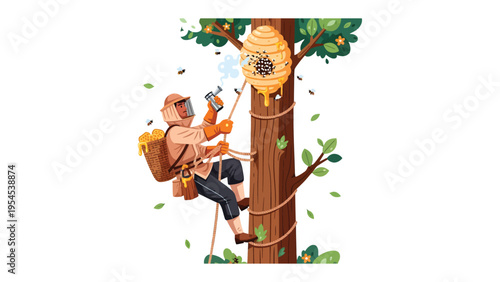Bee Keeper at Work: A diligent bee keeper ascends a tree to inspect a beehive, embodying the dedication and expertise required to nurture nature's precious pollinators.