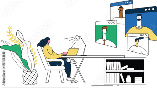 Woman working on laptop with online meeting and graph with illustration of a