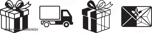 Set of Gift Box Delivery Truck and Holiday Envelope Vector Icons