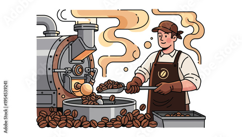 Brewmaster's Craft: An artisan roasts coffee beans, expertly handling the roasting machine, with the rich aroma and meticulous attention, an ode to the perfect cup.