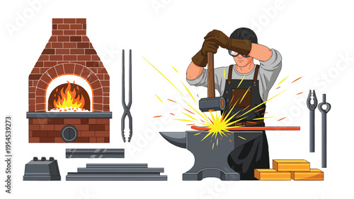 Forging in the Furnace: A skilled craftsman, surrounded by the fiery glow of the furnace, meticulously hammers hot metal on the anvil. The sparks fly as he shapes the material.