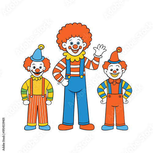 Set of Three Happy Cartoon Clowns in Colorful Outfits for Children's Party and Circus Design