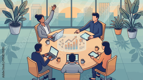 Corporate executives and financial analysts collaborating around a table with holographic charts in a modern office, concept for strategic management, data visualization and digital growth