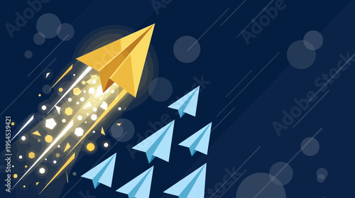Yellow paper airplane taking off with glowing engine trail leading smaller blue paper planes on dark background, concept for leadership excellence, startup growth and market competition