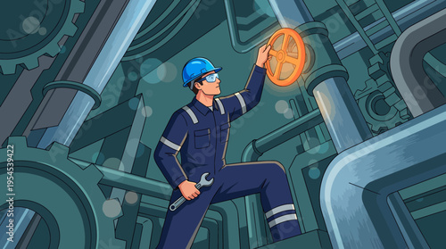 Professional mechanical engineer in blue uniform turning glowing valve wheel among industrial pipes and gears, concept for factory maintenance, engineering repair and plant operation