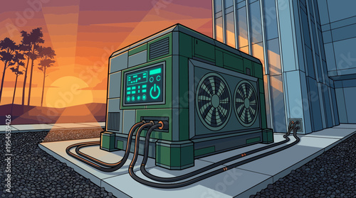 Industrial portable backup generator unit with cooling fans and control panel outside modern building at sunset, concept for renewable energy, industrial infrastructure and power supply