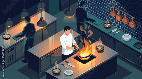 Isometric professional executive chef manager cooking gourmet ramen with fire in a modern restaurant kitchen, concept for culinary business, restaurant management and service advertising