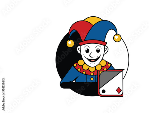Smiling Cartoon Joker Mascot Holding an Ace Card in a Circle Frame