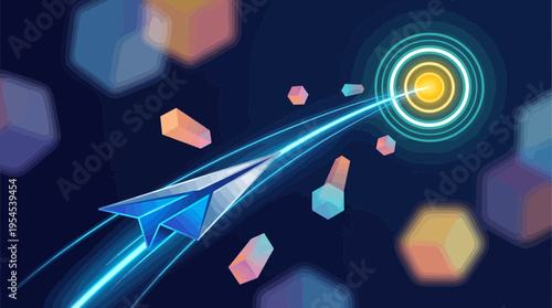 Blue paper plane flying fast through abstract space with light trails towards a glowing target, concept for business strategy, marketing achievement and creative digital communication