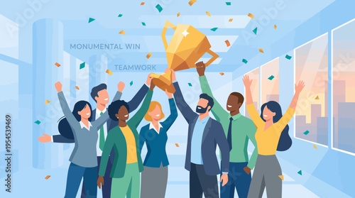 Diverse group of corporate managers and professional team celebrating a monumental win with golden trophy in office, concept for business success, team achievement and corporate leadership
