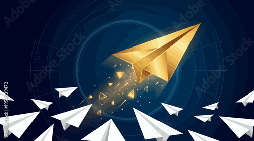 Golden paper plane flying ahead of white paper planes on dark blue abstract background with geometric lines, concept for leadership success, business startup and visionary marketing strategy