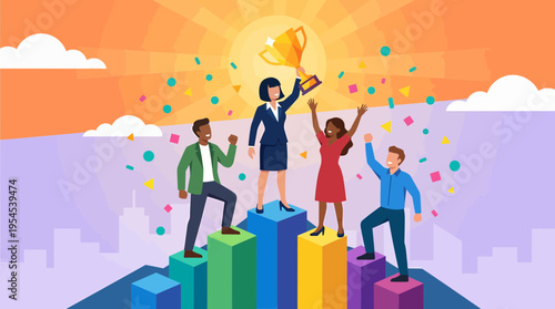 Diverse group of corporate managers celebrating success on rising bar chart while female CEO holds golden trophy, concept for business achievement, leadership growth and team motivation
