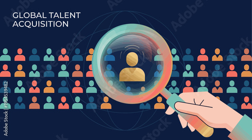 Recruitment specialist hand holding magnifying glass searching for expert candidate among diverse worker icons, concept for hiring management, global talent acquisition and corporate search