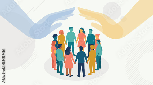Diverse group of professional managers and employees holding hands in circle under protective giant hands illustration, concept for insurance coverage, employee protection and team unity