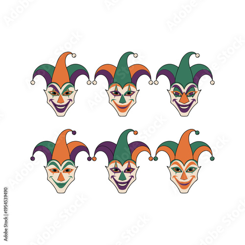 Set of Six Colorful Mardi Gras Jester Masks with Traditional Carnival Colors