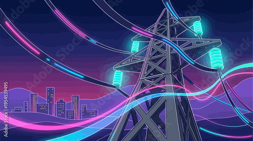 Glowing neon electricity pylon with energy transmission lines over dark city skyline, concept for smart city infrastructure, renewable energy and futuristic power distribution