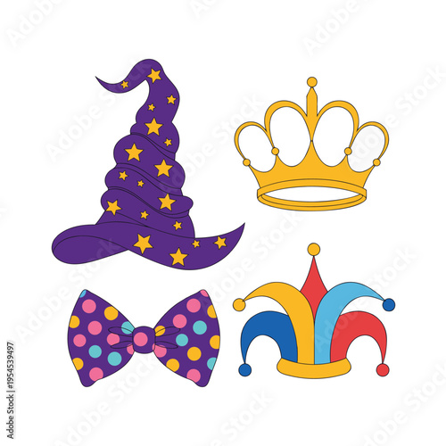 Set of Carnival and Costume Party Accessories: Wizard Hat, Golden Crown, Jester Cap, and Polka Dot Bow Tie