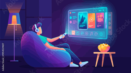 Creative media producer sitting on bean bag with headphones while operating holographic screen in dark room, concept for digital entertainment, media marketing and home automation technology