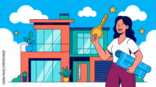 Female real estate agent holding gold key and architectural blueprint standing in front of modern house, concept for property marketing, residential investment and construction planning