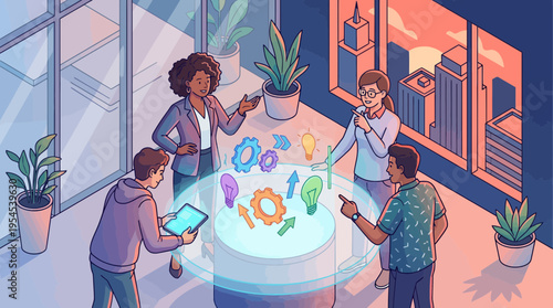 Diverse group of corporate project managers and creative developers discussing innovation around a digital hologram table, concept for team collaboration, business brainstorming and startup growth