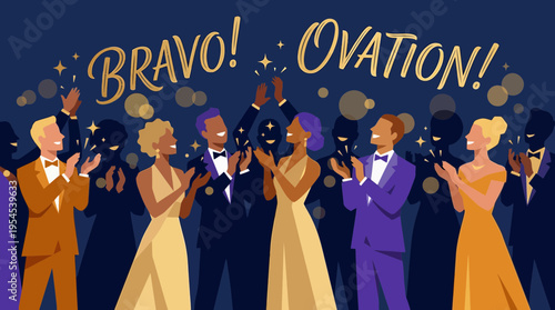 Diverse corporate directors and business executives in formal attire cheering at a gala event ceremony, concept for achievement celebration, award recognition and luxury corporate party