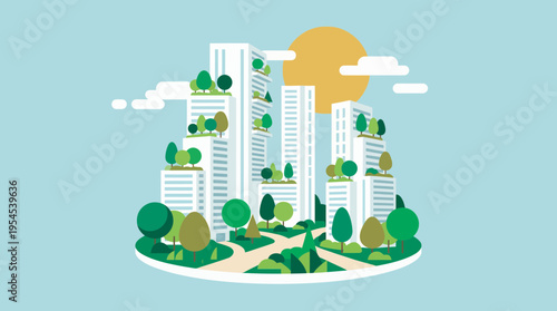 Modern eco-friendly city skyscrapers with green trees and sustainable architecture on a blue background, concept for sustainable urban development, green energy living and eco environment