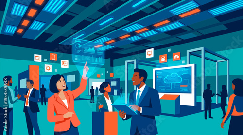 Marketing managers and tech executives interacting with holographic data displays at a futuristic exhibition booth, concept for digital transformation, big data analytics and networking