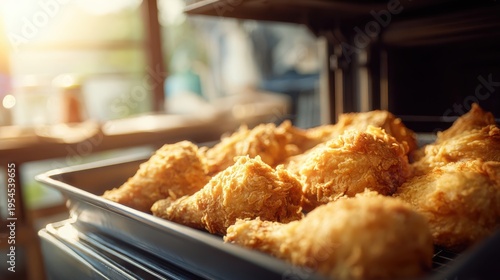 Crispy Golden Fried Chicken Freshly Cooked in Oven with Sunlight Glinting on Juicy Drumsticks in Kitchen Setting