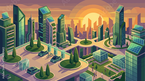 Futuristic sustainable eco city with solar panels on skyscrapers and electric vehicles at charging stations under golden sunset light, concept for renewable energy, smart urban and green tech