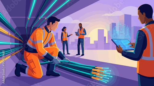 Telecommunication engineers and technical project managers installing glowing fiber optic cables in a modern city infrastructure, concept for internet provider, data network and smart city