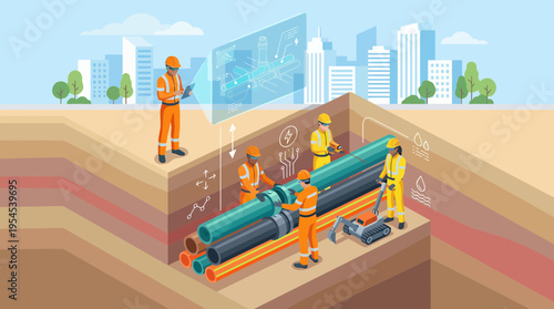 Professional civil engineers and utility workers installing underground pipes and fiber optic cables in a city trench, concept for urban development, infrastructure planning and industrial work
