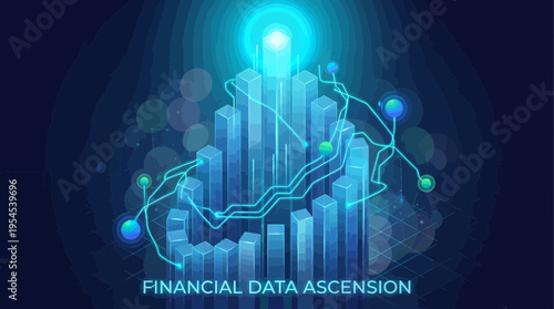 Futuristic isometric 3D blue bar charts with glowing network lines showing upward financial growth, concept for big data visualization, stock market analysis and financial success