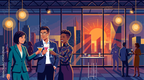 Professional executives and creative directors enjoying cocktails at a luxury rooftop lounge during sunset with city view, concept for networking event, corporate party and social meeting