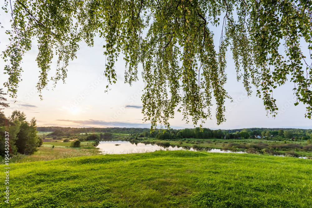 Naklejka premium Golden sunset lights a tranquil Sorot river valley framed by hanging birch branches and a lush green meadow, evoking peaceful rural scenery and a quiet summer evening in the countryside