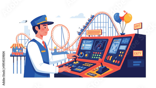 Rollercoaster Control: A control operator intently monitors the thrilling roller coaster ride, ensuring safety and managing the amusement park's operations, capturing the excitement of amusement.