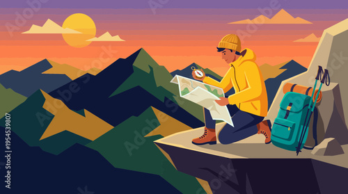 Male project manager in outdoor gear checking map and compass on mountain cliff during sunset, concept for strategic business planning, corporate leadership navigation and visionary goal setting