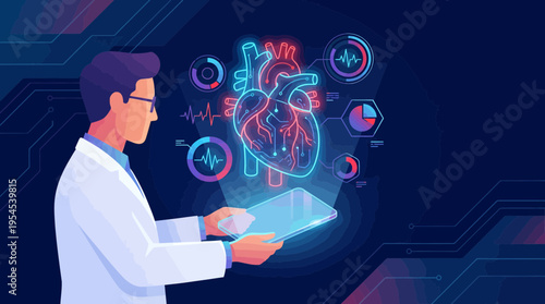 Professional cardiologist analyzing glowing holographic heart with medical data on tablet, concept for advanced cardiology diagnostics, futuristic healthcare and medical data visualization