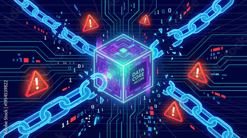 Glowing digital data core cube with broken chains and warning icons on dark circuit background, concept for cybersecurity alert, blockchain protection and network security breach