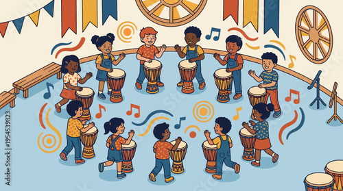 Diverse group of young students playing djembe drums in a circular music lesson with vibrant decorations, concept for music education, cultural diversity and early childhood development