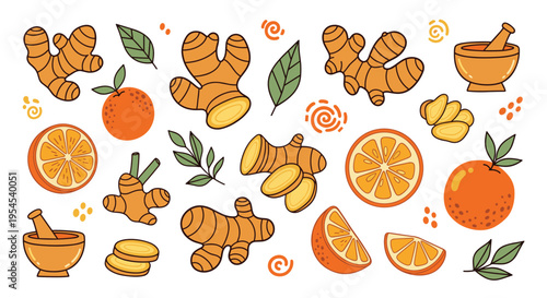 Ginger and orange fruit set with mortar and pestle for healthy food and herbal medicine