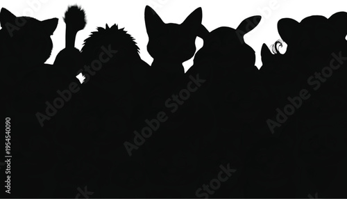 Row of various cartoon creature heads silhouetted against a dark bottom band for display.