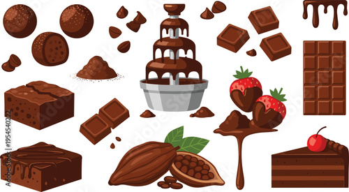 Chocolate vector illustration set with chocolate bars, brownies, truffles, chocolate fountain, cocoa beans, strawberries, and chocolate cake